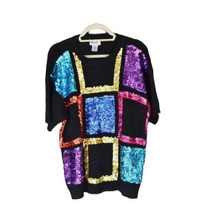Vintage Women's 1980's All Points Short Sleeve Over-sized Sweater Sequin Squares